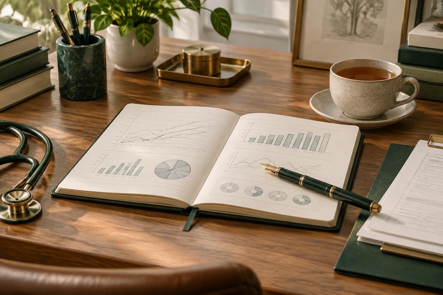 Caderno com gráficos de acompanhamento sobre uma mesa de consulta